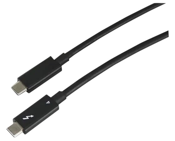 Black Thunderbolt cable with two connectors, each featuring a Thunderbolt icon, designed for high-speed data transfer at 40 Gbit/s, measuring 2 meters in length.