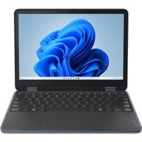 Grey Lenovo 2-in-1 laptop with 12.2" touchscreen, Windows 11 Pro, and black keyboard, shown open with blue screen.