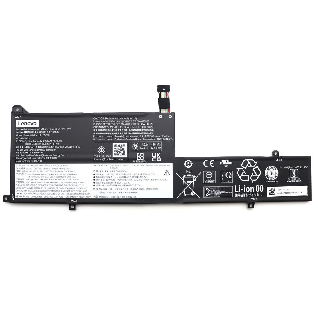 Lenovo 52.5Wh 3-cell lithium-ion battery, black with white and gray text, featuring safety symbols, barcodes, and a connector cable on one end.