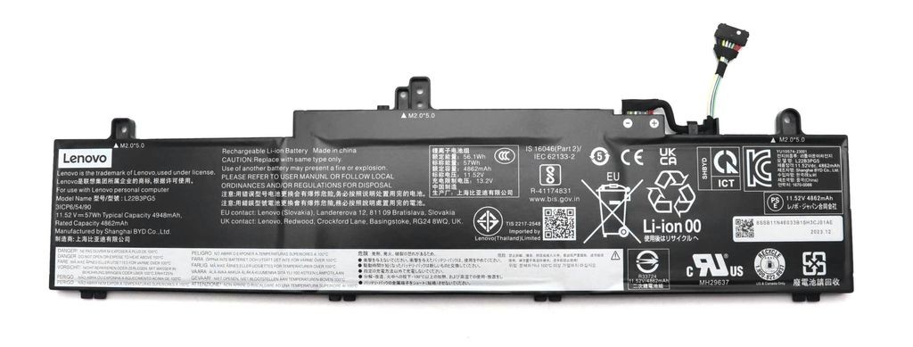 Black Lenovo 57Wh 3-cell Li-Polymer battery with multiple labels and safety warnings, featuring a connector cable on one end for laptop compatibility.