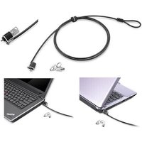 Black and silver Lenovo cable lock, 1.52 m length, with looped end and lock mechanism, shown securing a laptop.