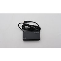 Black Lenovo 65W power adapter with attached cable, compact rectangular design, and Lenovo logo on top.