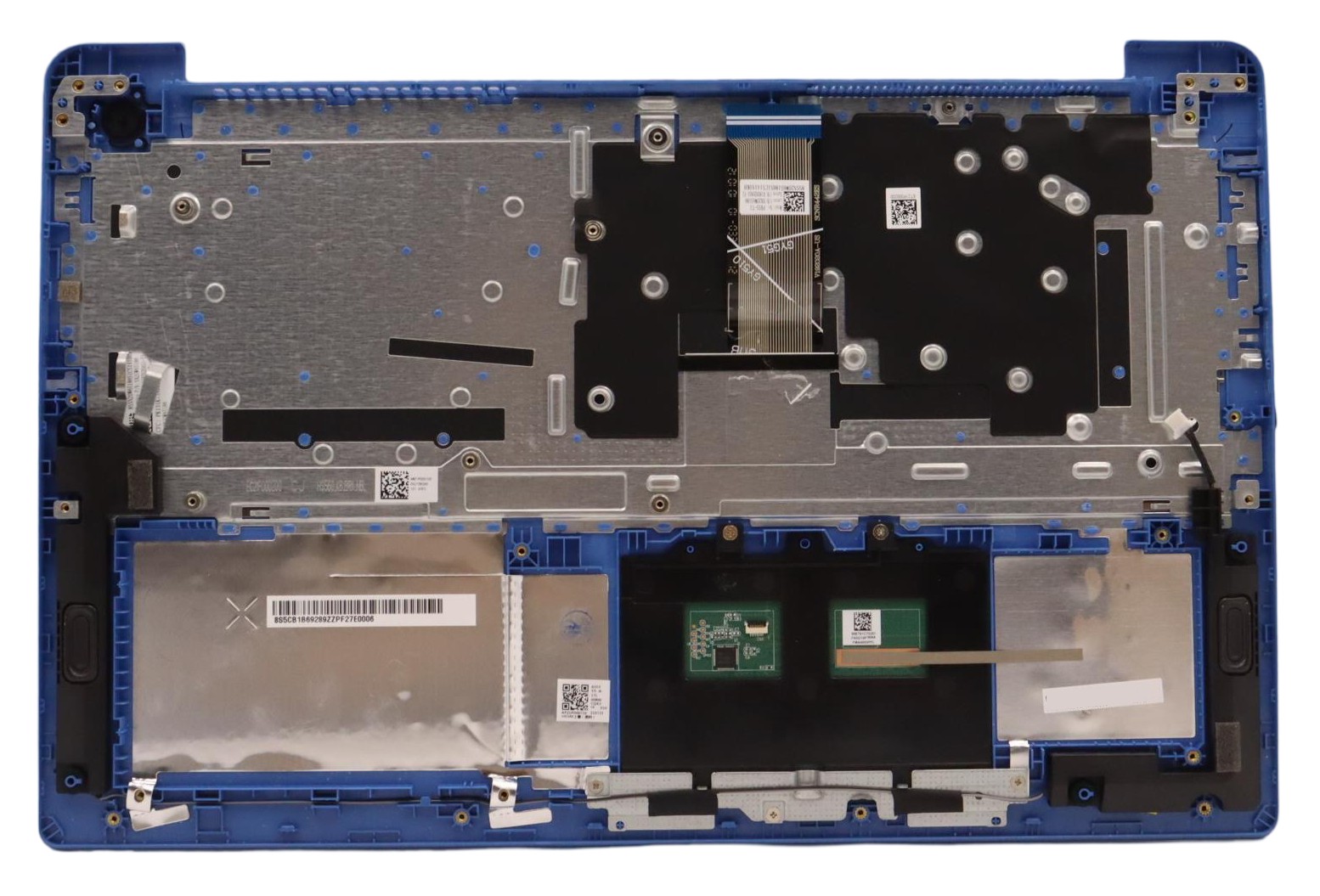 Lenovo 5CB1B69291 laptop spare part featuring a blue plastic cover with metallic components, including a keyboard area and various internal circuit elements.