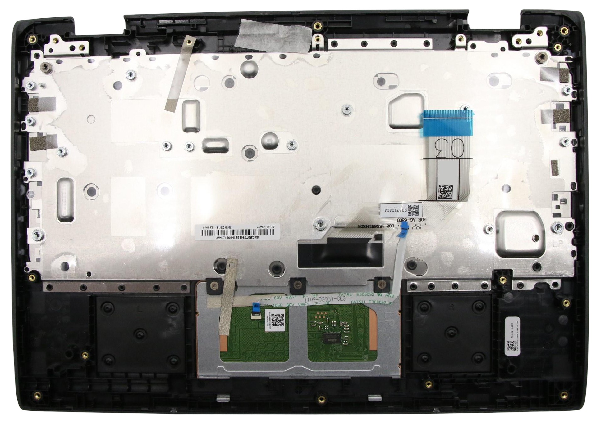 Black laptop base cover with a silver metal plate, featuring a keyboard area, touchpad, and various connectors, designed for Lenovo models.