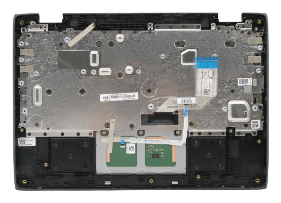 Black laptop base cover with a metallic keyboard tray, featuring various connectors and labels, designed for Lenovo models.