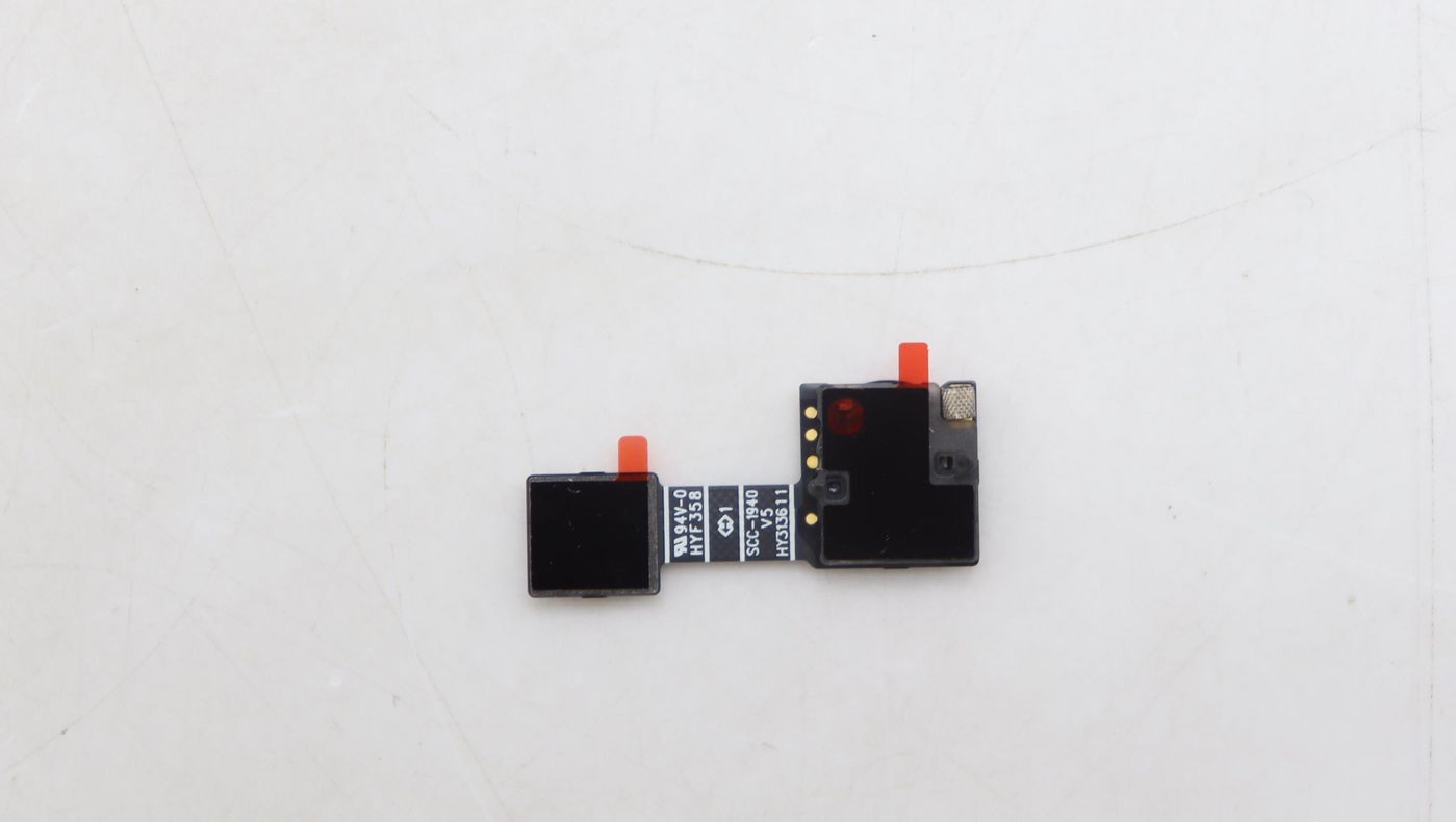 Black fingerprint board with two small components, featuring red connectors and printed circuit details, designed as a spare part for Lenovo laptops.