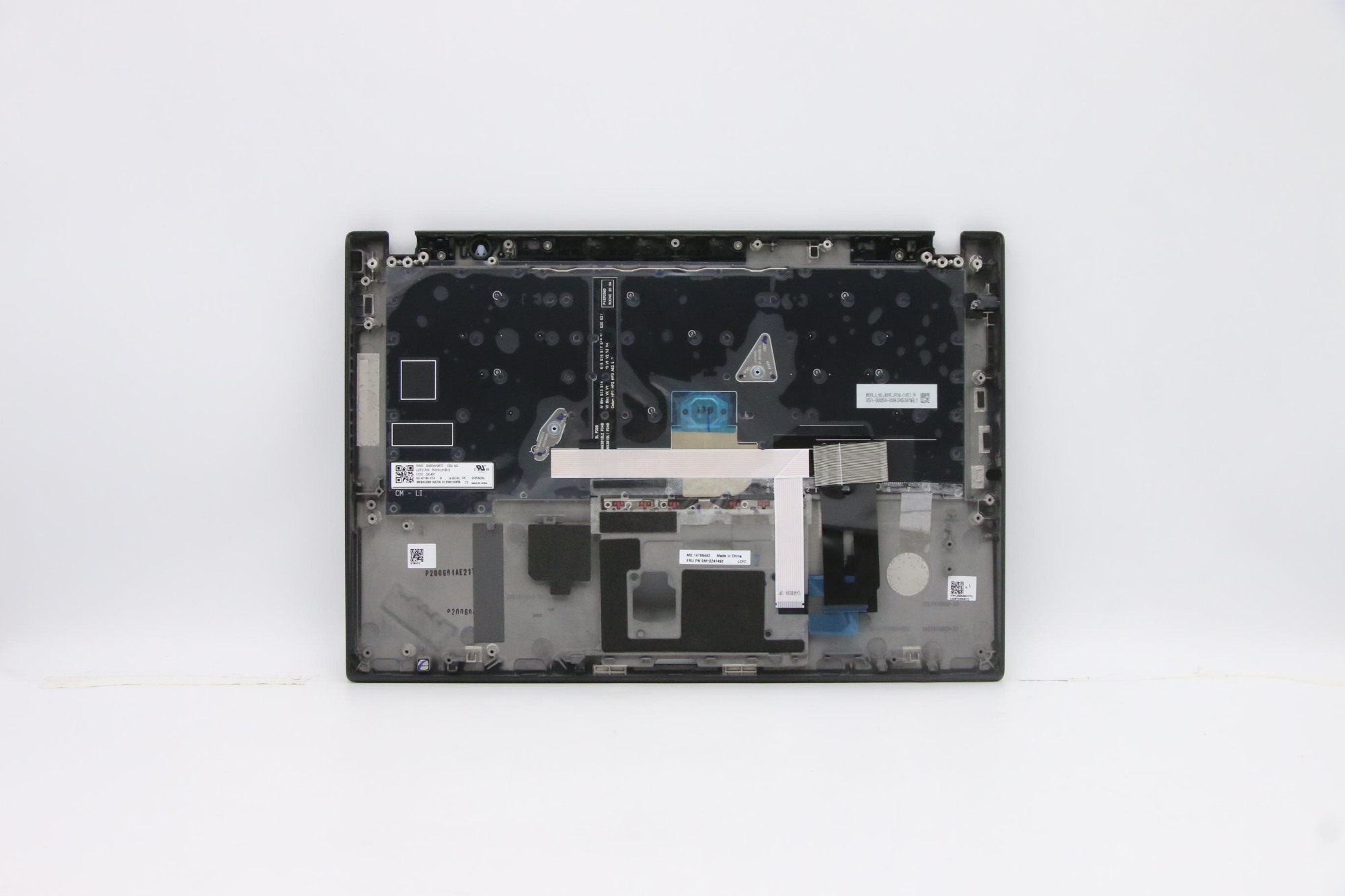Lenovo 5M10Z41494 laptop spare part cover featuring a black plastic base with a keyboard area, showcasing a sleek design and various internal components visible through transparent sections.