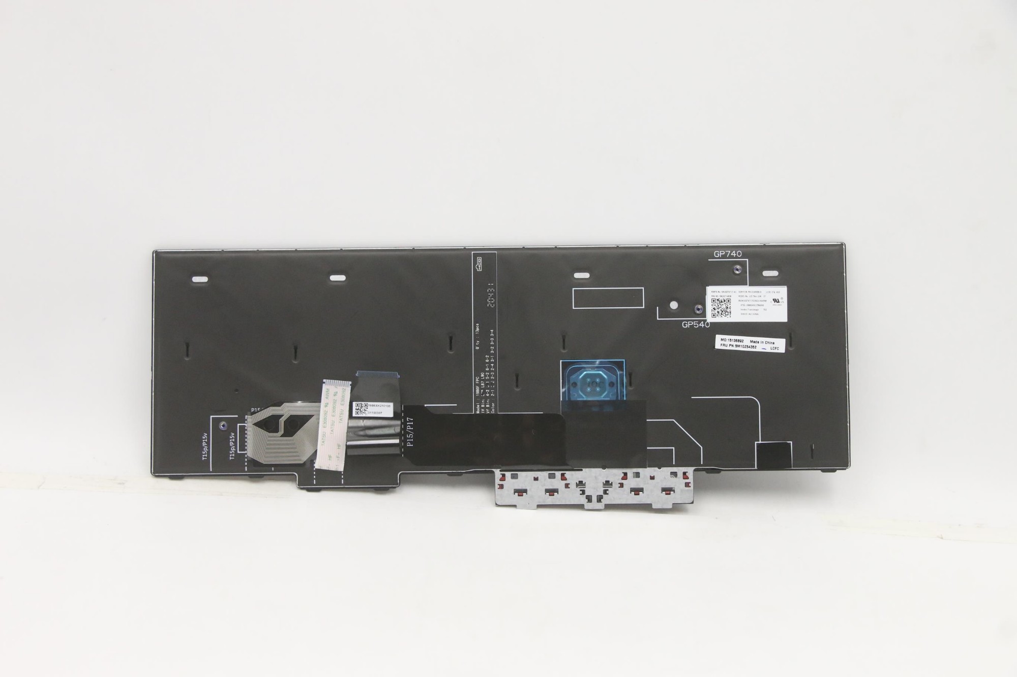 Black Lenovo laptop keyboard spare part featuring a flat design, with a connector and labeled key positions, suitable for specific Lenovo models.