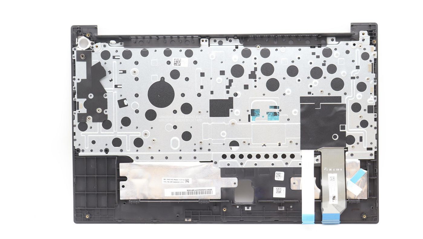 Lenovo 5M11C43561 laptop spare part featuring a black plastic base with a silver metal keyboard plate, showcasing various cutouts and mounting points for components.