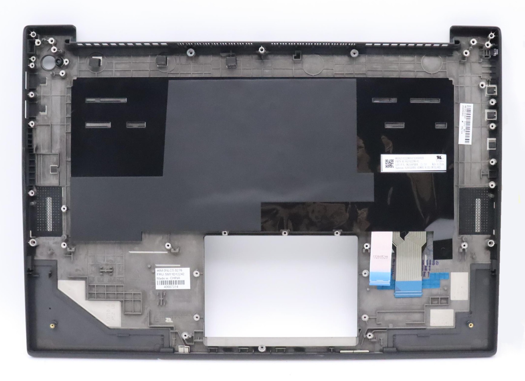Black plastic laptop cover with a glossy black panel, featuring keyboard layout outlines and various mounting points, designed for Lenovo models.