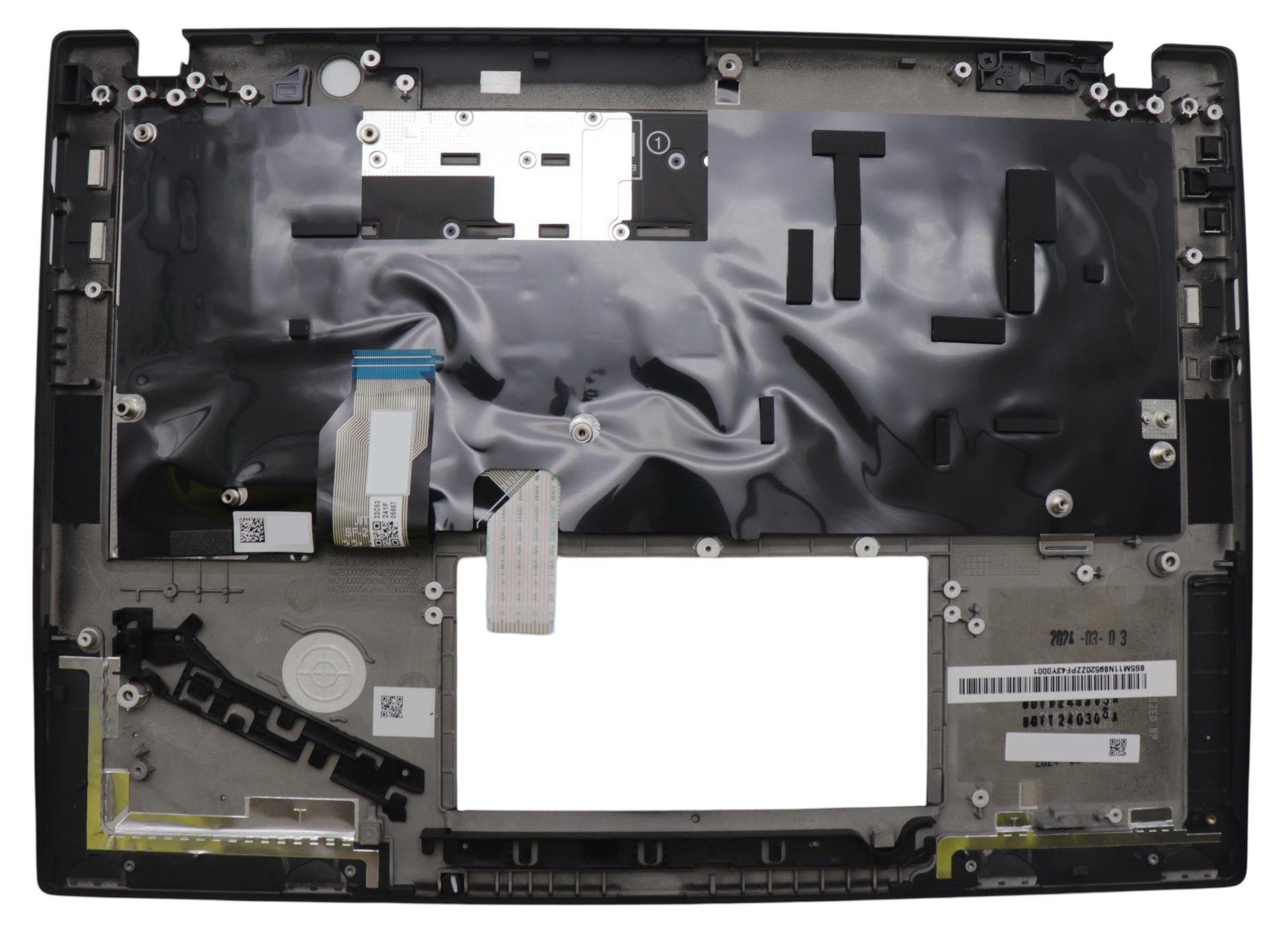 Black plastic laptop cover with a smooth finish, featuring a keyboard area, various connectors, and a glossy surface, designed for Lenovo model 5M11N89601.