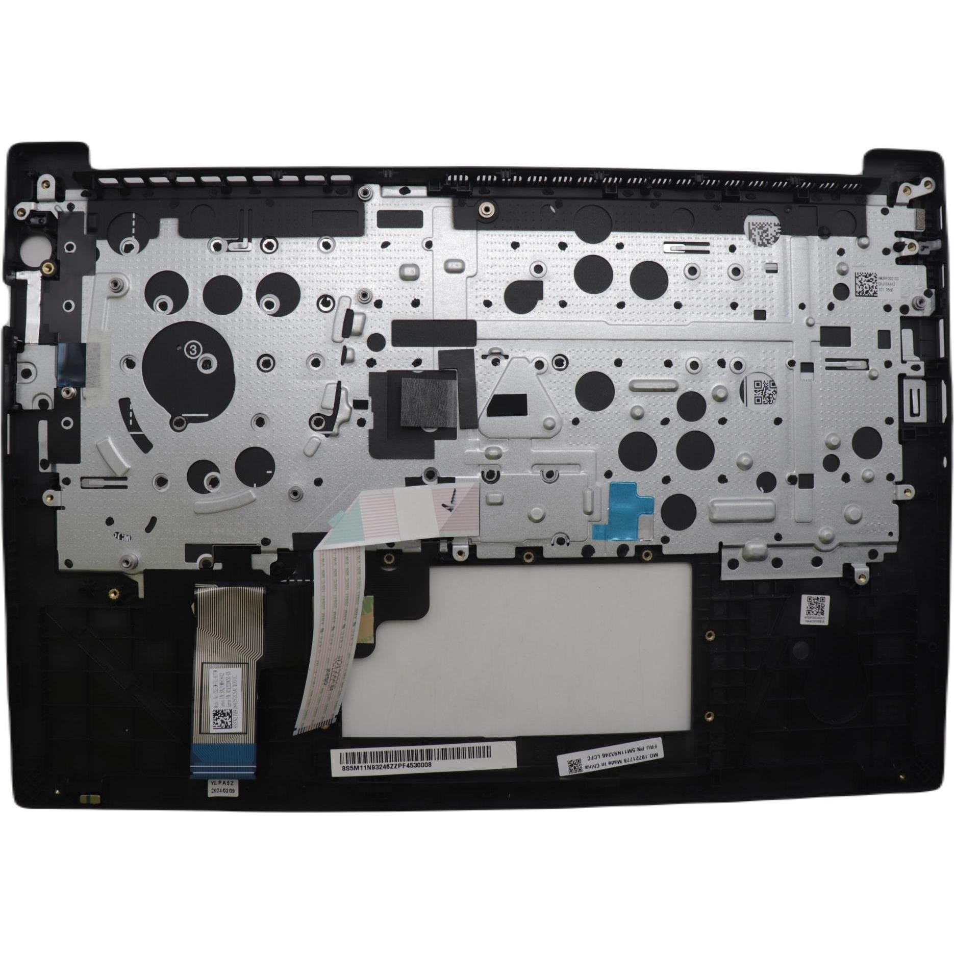 Black laptop cover with a silver metal keyboard base, featuring circular and rectangular cutouts, and a touchpad area, designed for Lenovo models.