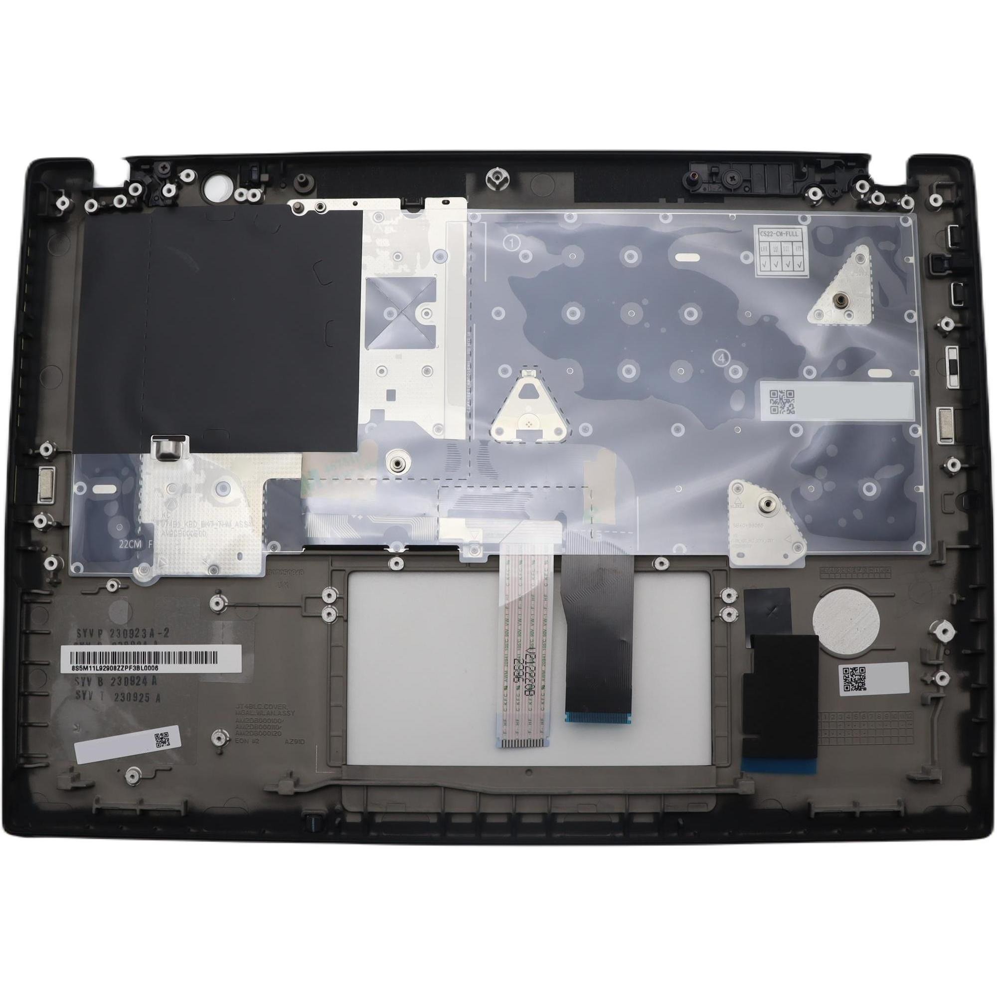 Black laptop spare part cover with a transparent keyboard area, featuring a silver touchpad, various connectors, and a smooth plastic finish.