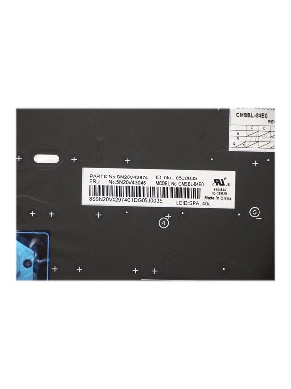 Black Lenovo notebook keyboard with a flat design, featuring white key labels and a smooth plastic surface, includes a label with part number and model information.