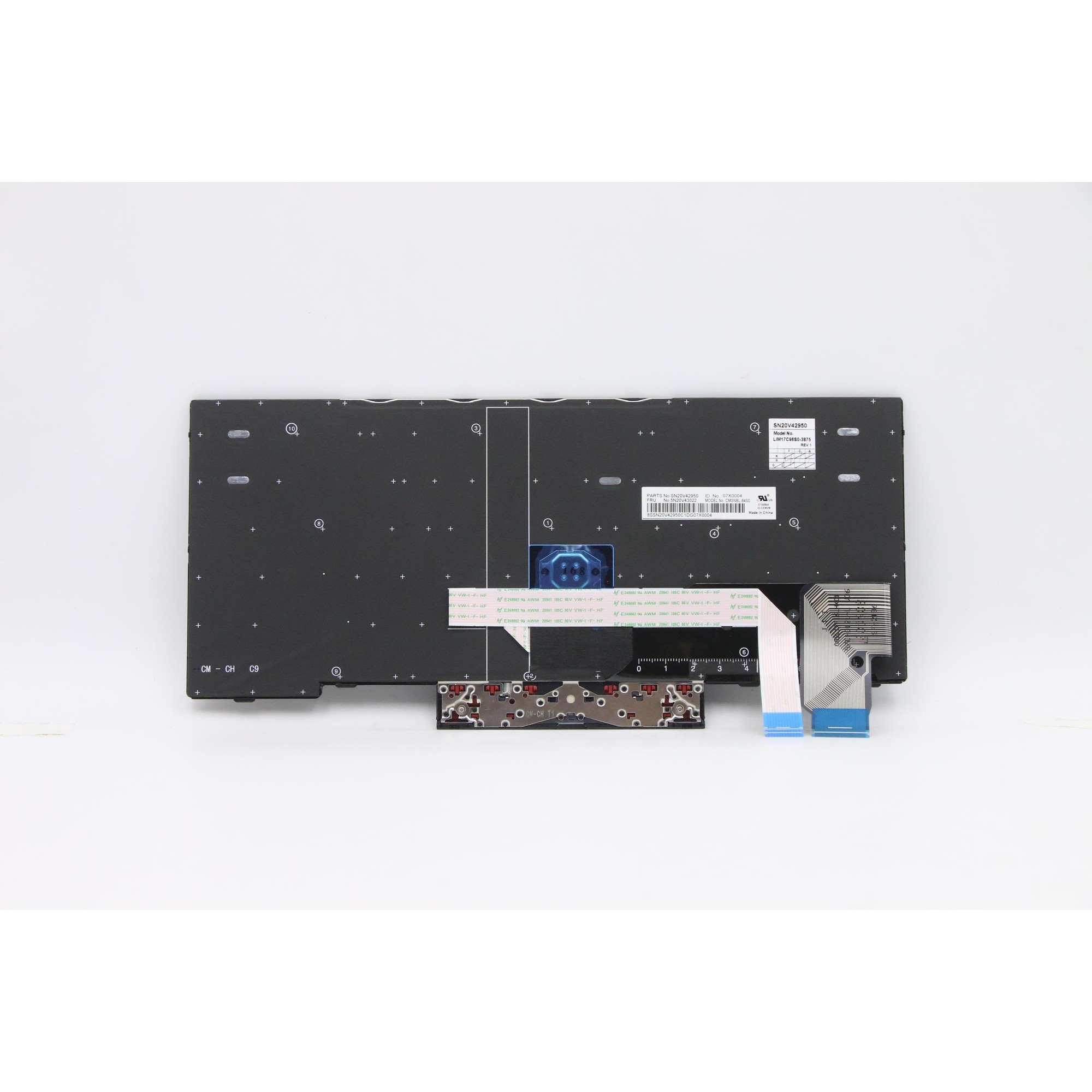 Black laptop keyboard spare part with a brown key layout, featuring a blue touchpad area and a connector strip on the underside.