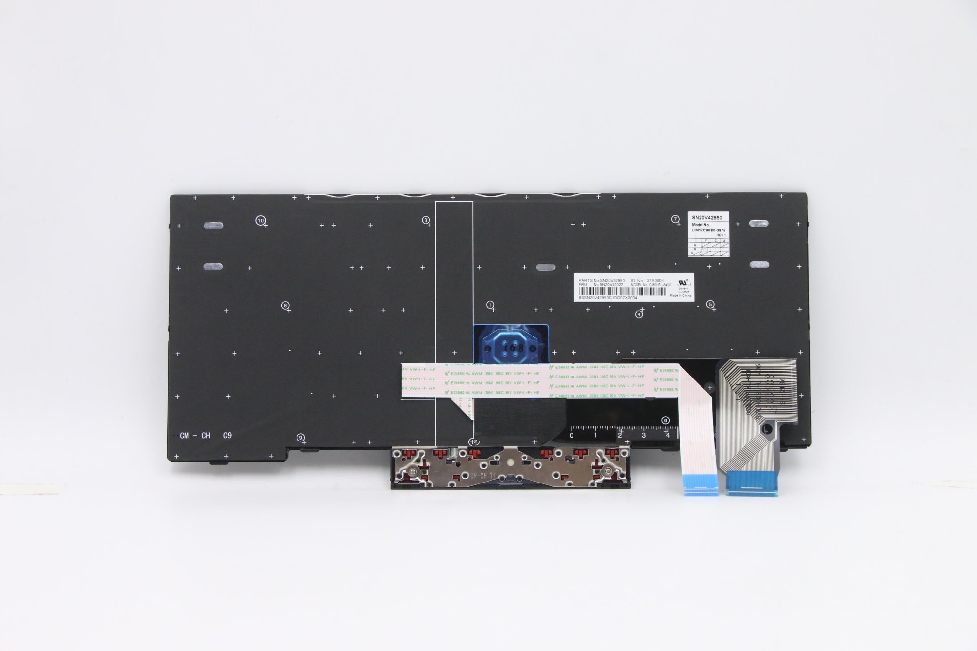 Black Lenovo laptop keyboard spare part with a metallic base, featuring a layout of keys and a blue connector, designed for specific Lenovo models.