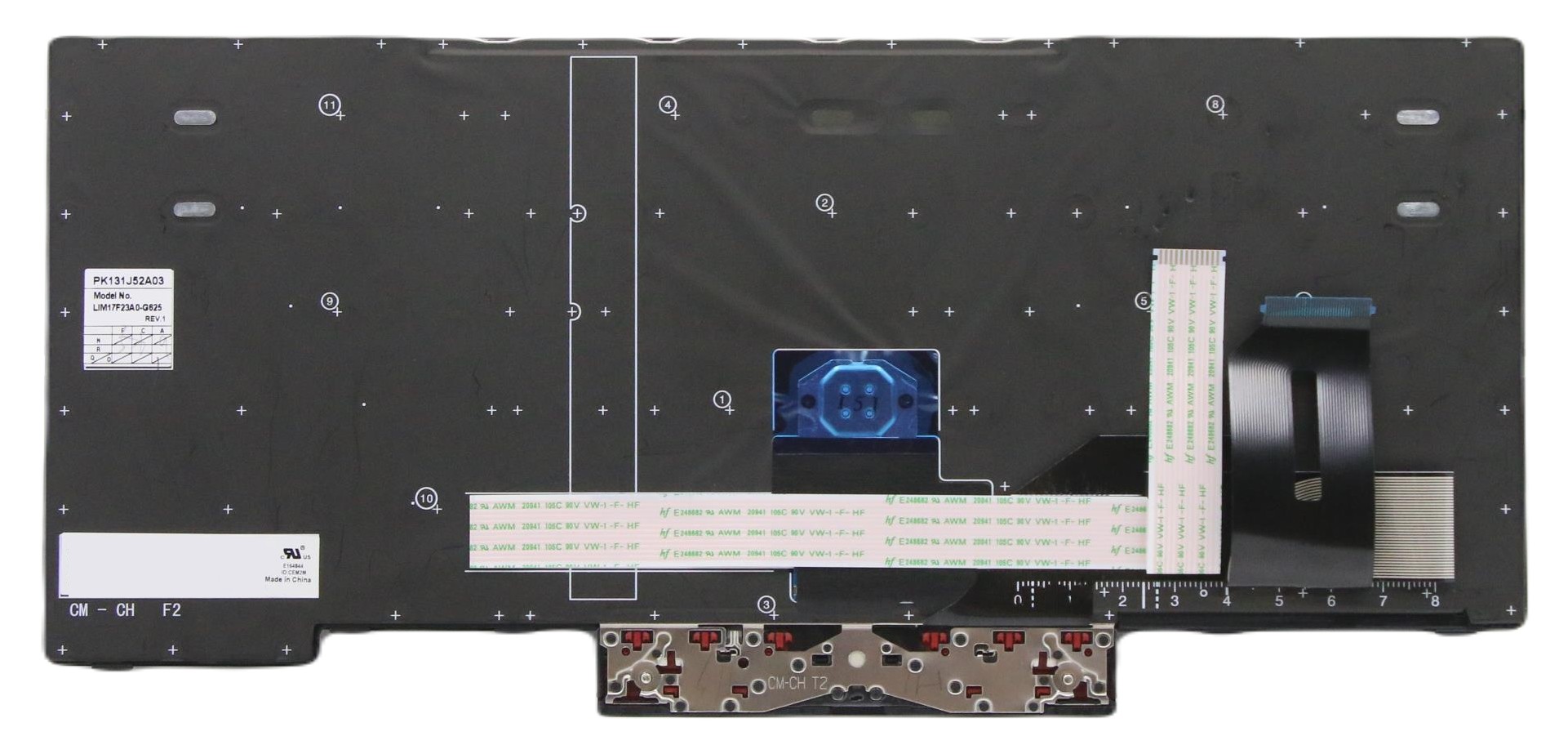 Black laptop keyboard spare part with a silver key layout, featuring a touchpad area and adhesive strips for installation, designed for Lenovo models.