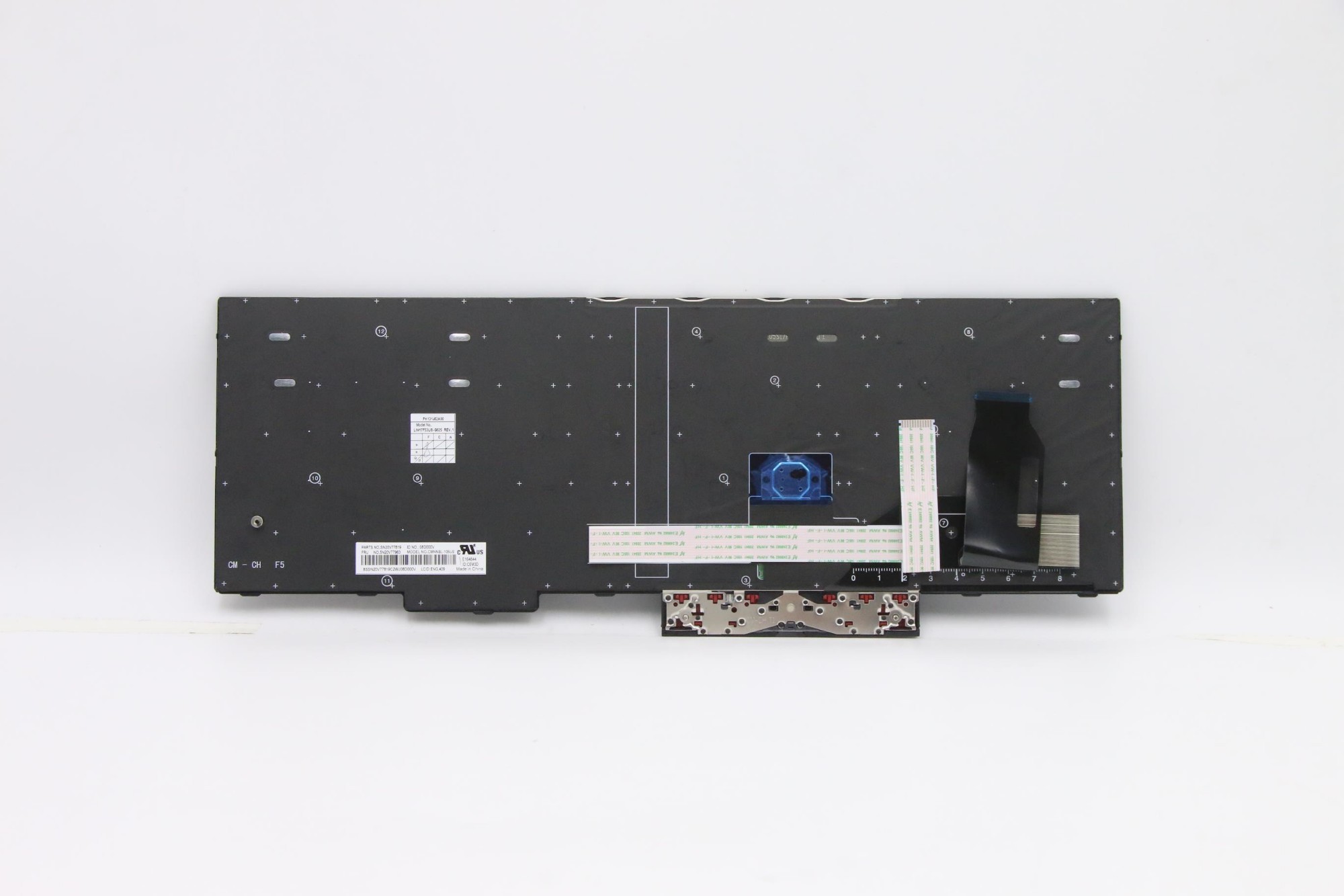 Black laptop keyboard spare part with a white key layout, featuring a silver base and a blue backlight panel, designed for Lenovo models.