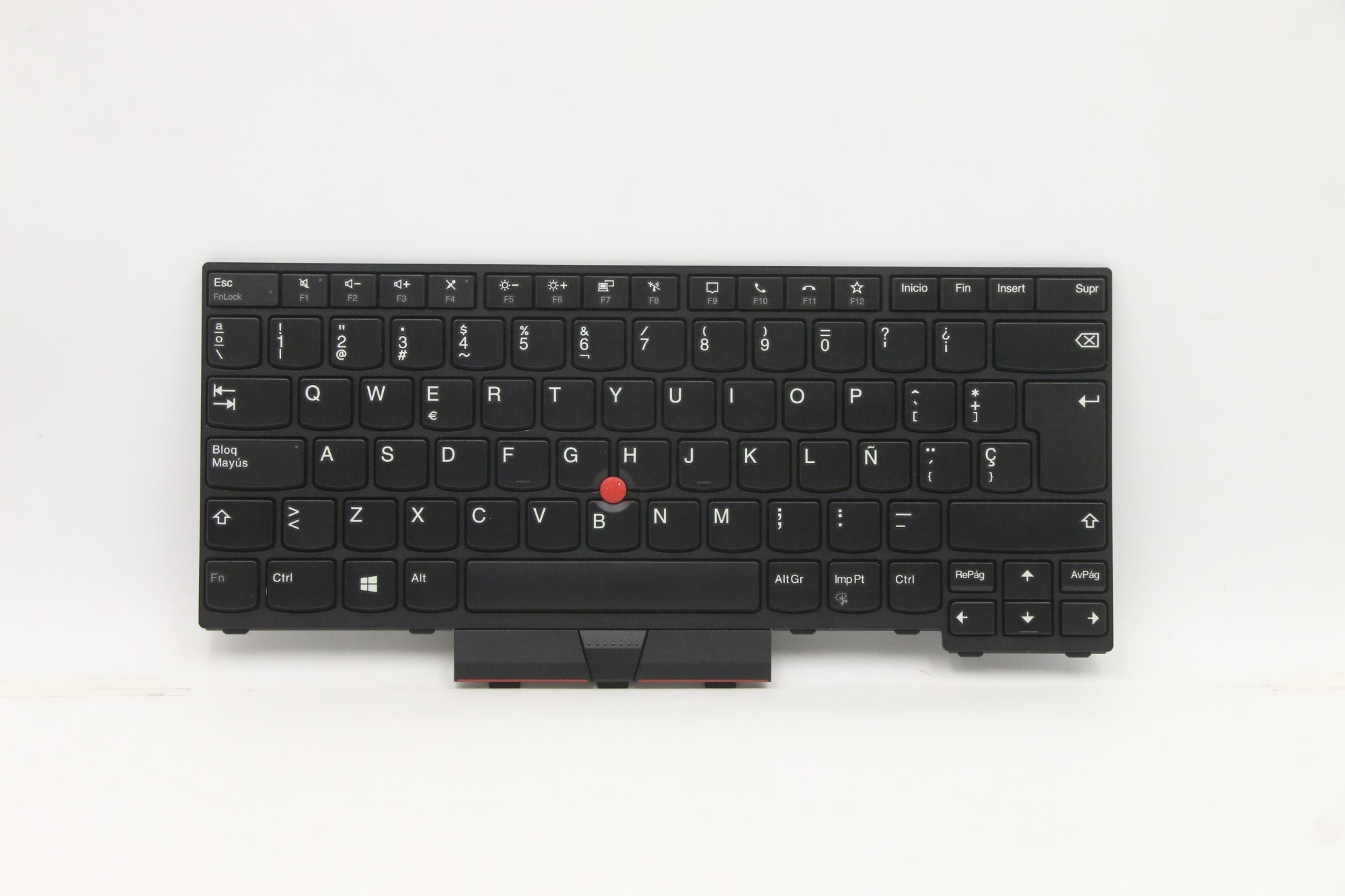 Black Lenovo laptop keyboard featuring a compact layout, white lettering on keys, and a central red trackpoint, designed as a spare part for Lenovo laptops.