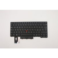 Black Lenovo laptop keyboard with red trackpoint, compact layout, and ribbon cable connector.
