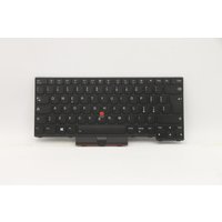 Black Lenovo laptop keyboard with red TrackPoint, compact layout, and white key markings.