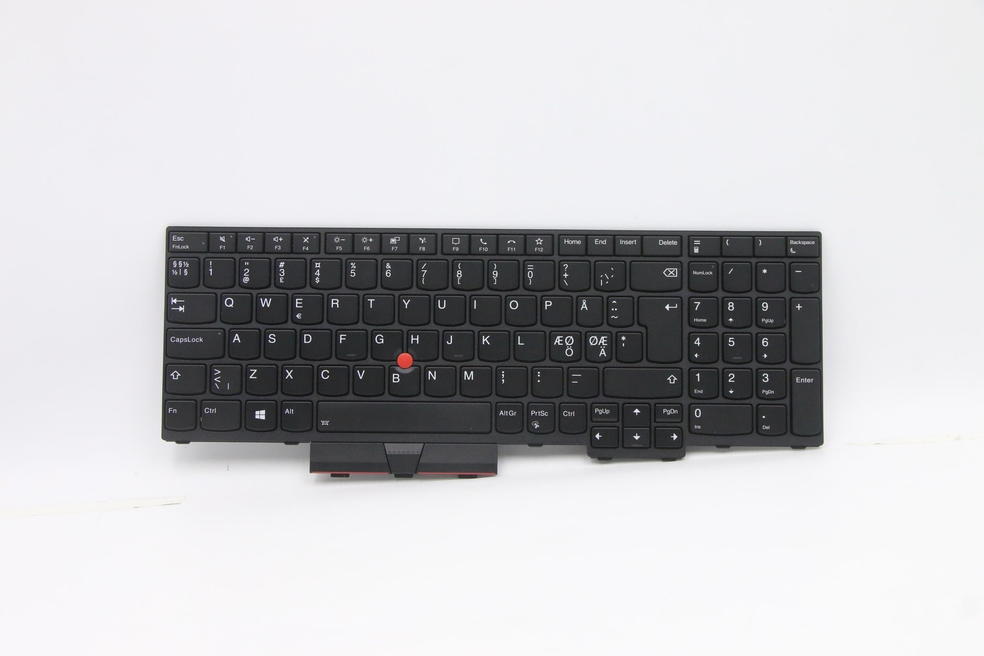 Black Lenovo laptop keyboard with a compact layout, featuring a red TrackPoint in the center, and white lettering on the keys.