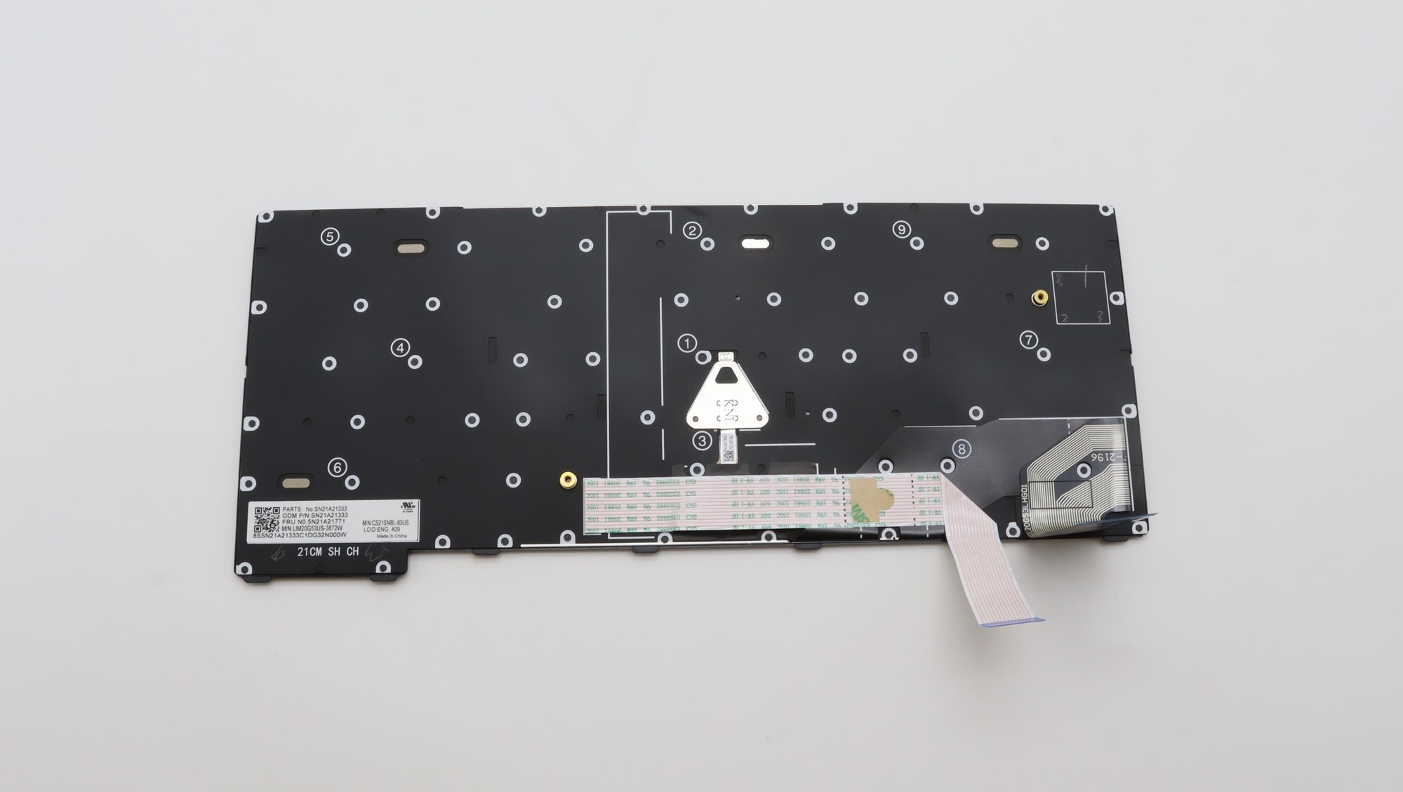 Black Lenovo laptop keyboard spare part with a flat design, featuring a flexible ribbon cable and multiple mounting holes for installation.