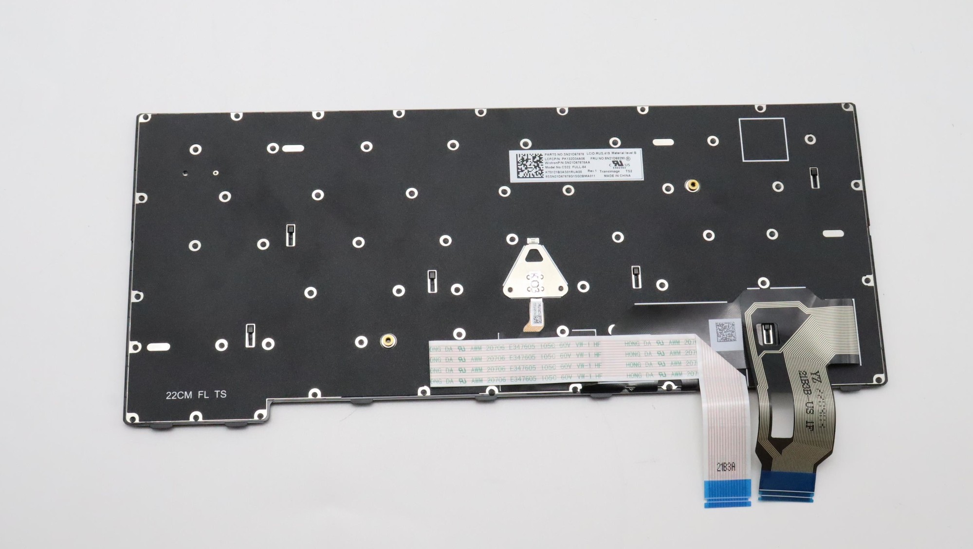 Black Lenovo laptop keyboard spare part with a flexible ribbon cable, featuring a sturdy plastic base and multiple mounting holes for installation.