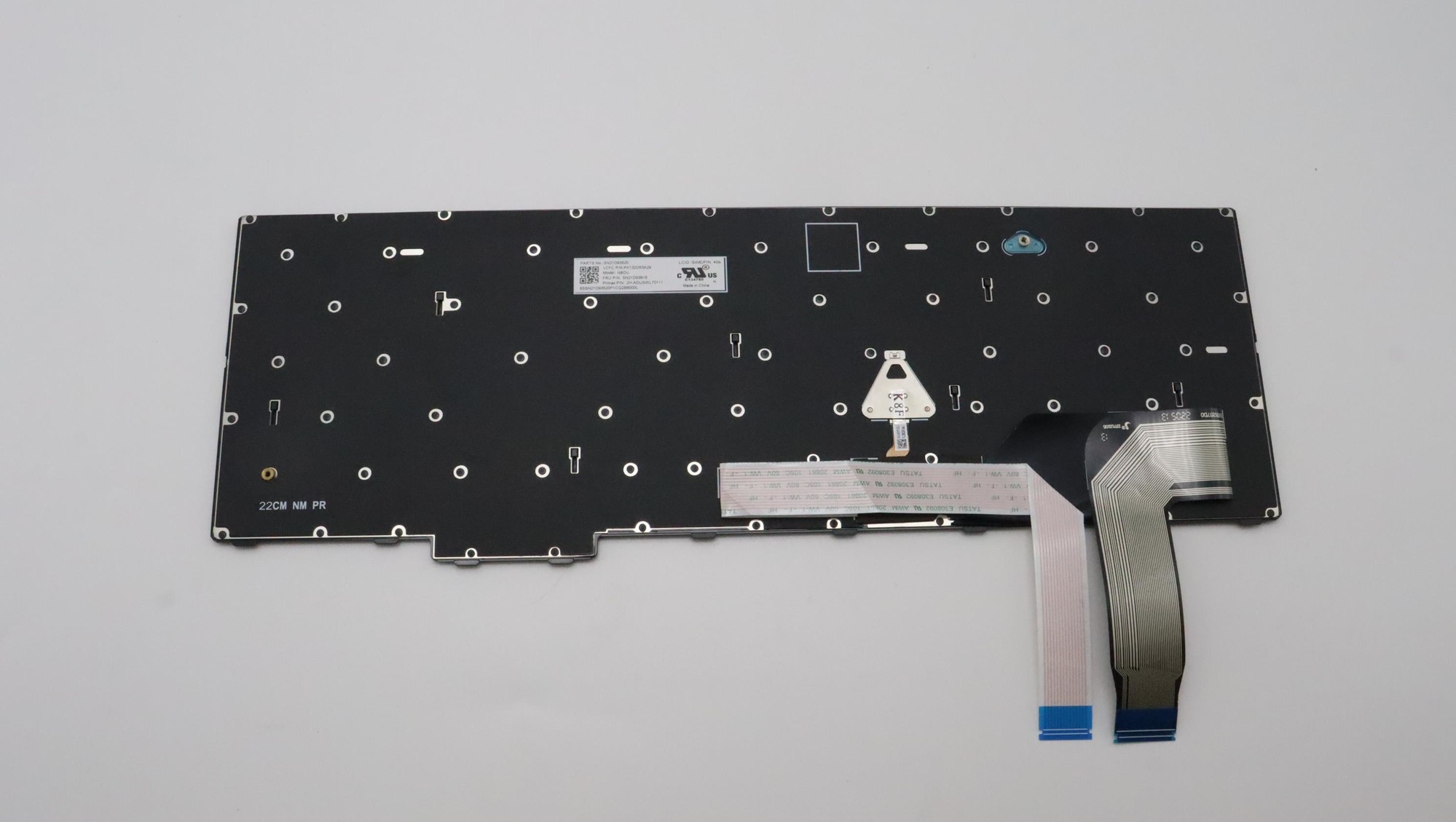 Black Lenovo laptop keyboard spare part with a flat design, featuring multiple screw holes and a flexible connector cable on one side.