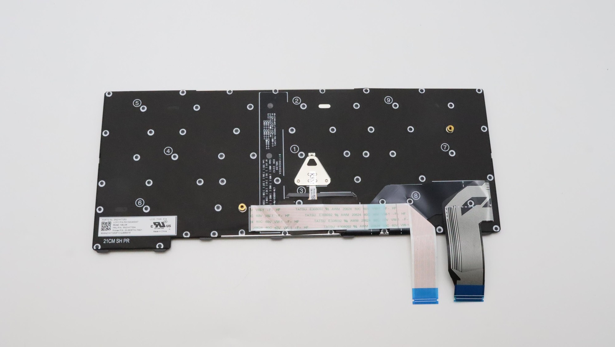 Black laptop keyboard spare part with a flat design, featuring a ribbon cable and multiple mounting points, designed for Lenovo models.