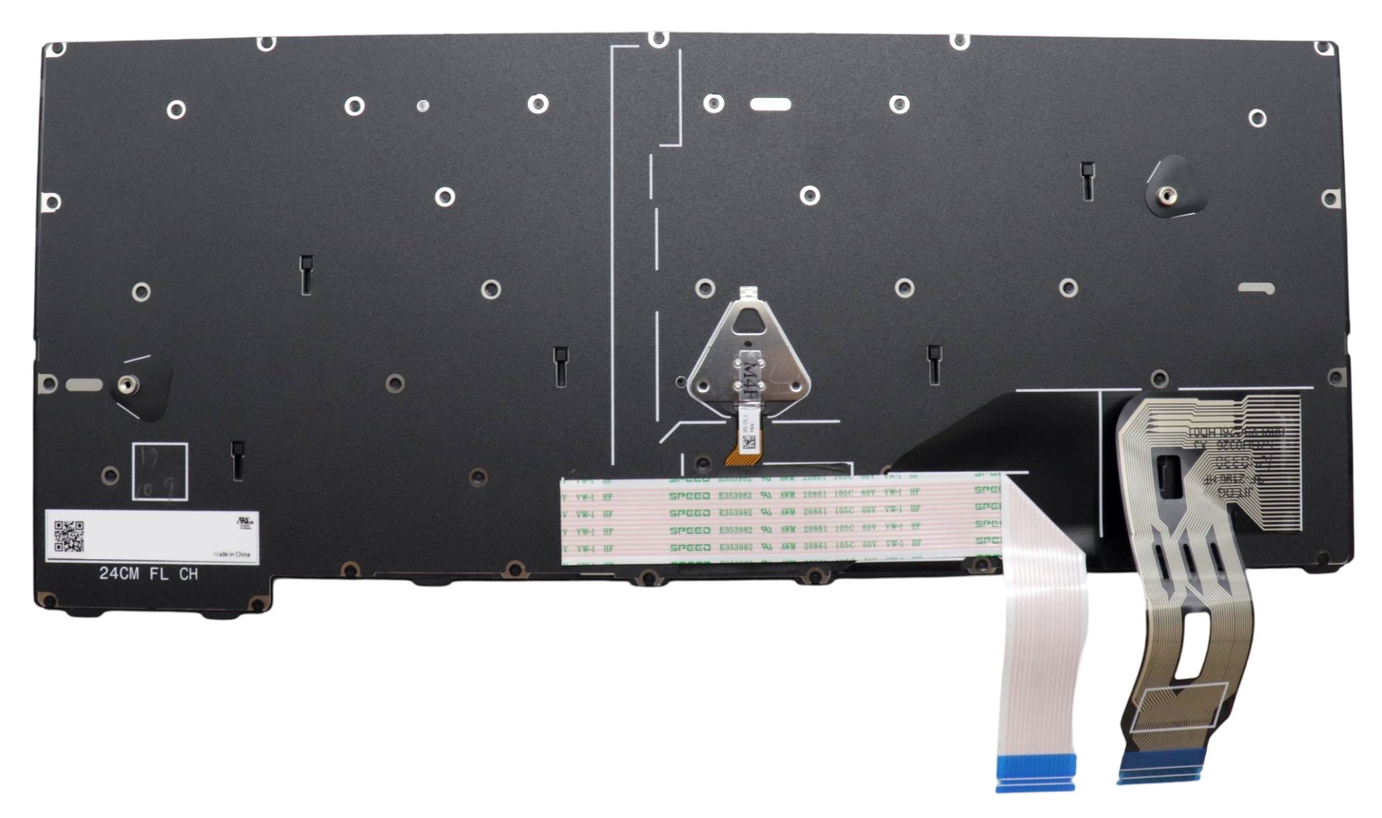 Black Lenovo laptop keyboard spare part with a flexible ribbon cable, featuring multiple mounting holes and a label indicating model number 2401 FL CH.