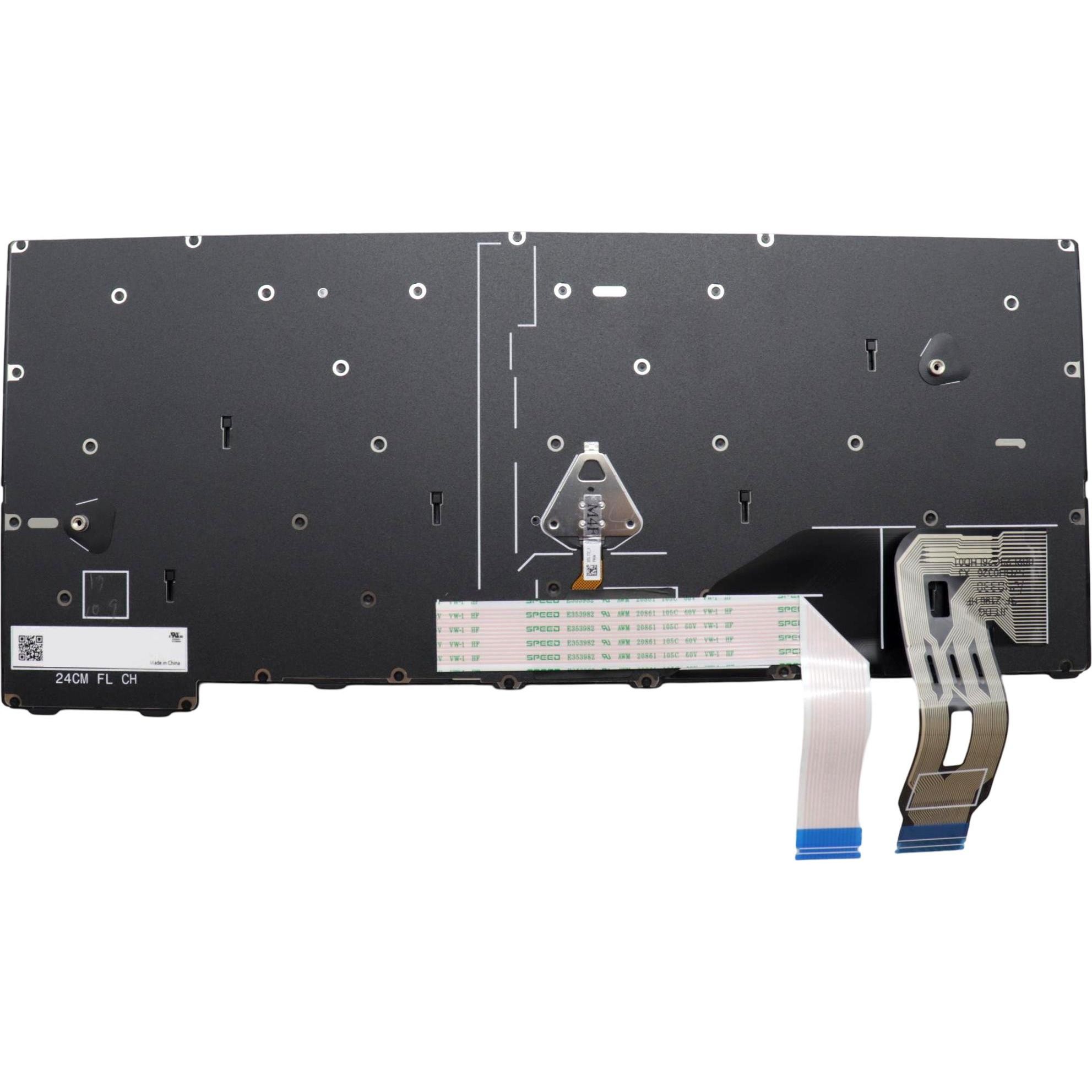 Black Lenovo laptop keyboard spare part with a flat design, featuring a ribbon cable connector and multiple mounting holes for installation.