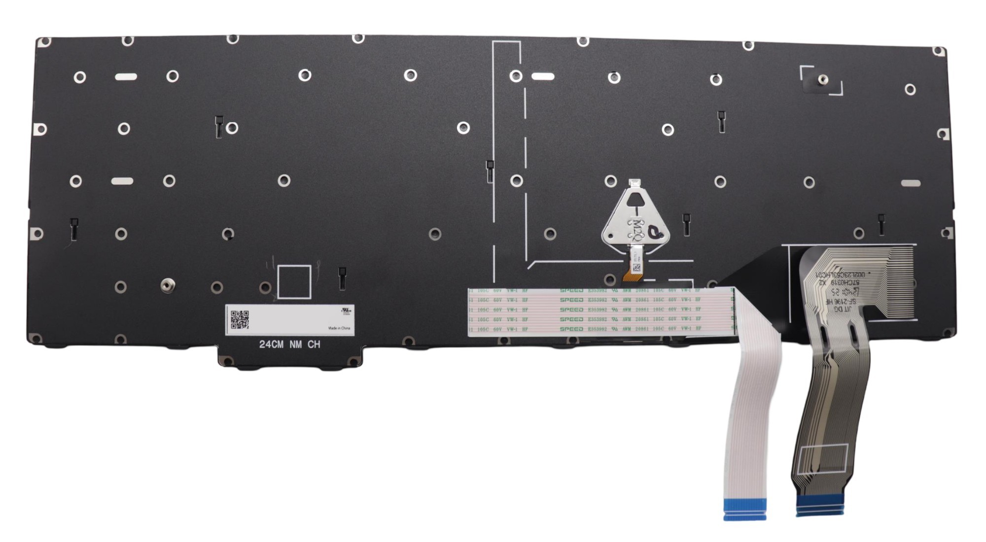 Lenovo 5N21M39628 laptop keyboard spare part, featuring a black plastic base with multiple mounting holes and a flexible ribbon cable for connection.