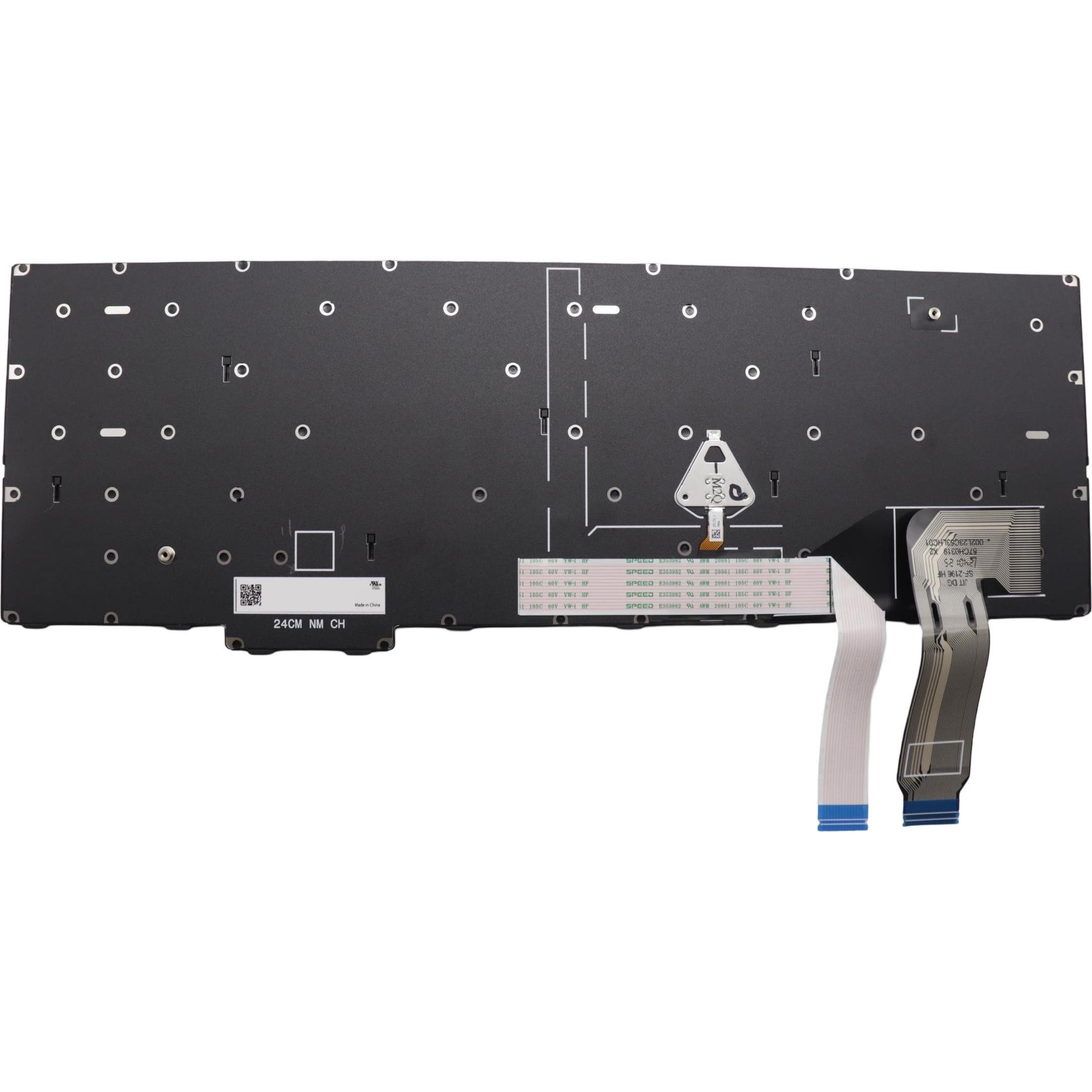 Black Lenovo laptop keyboard spare part featuring a flexible ribbon connector and a sturdy plastic backing, designed for specific Lenovo laptop models.