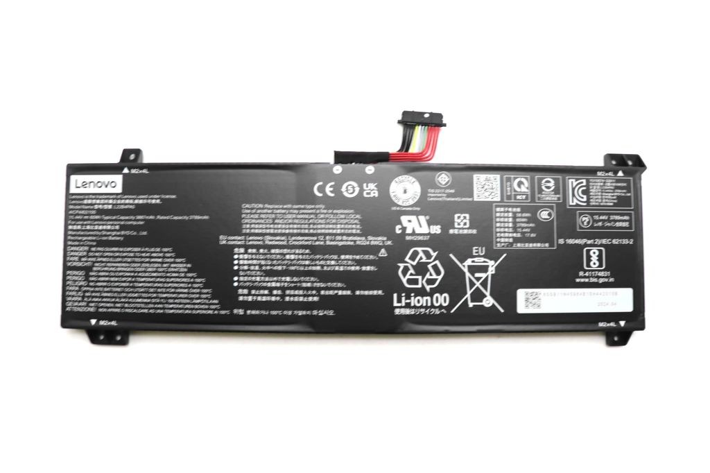 Black Lenovo 60Wh lithium-ion laptop battery with multiple labels, certification symbols, and a connector cable with colored wires.