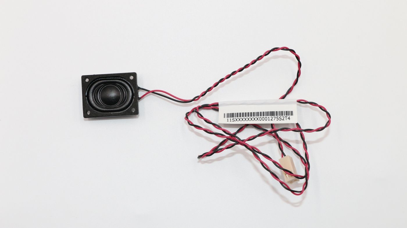 Black rectangular speaker with a round driver, featuring red and black twisted wires attached, and a barcode label on a white background.