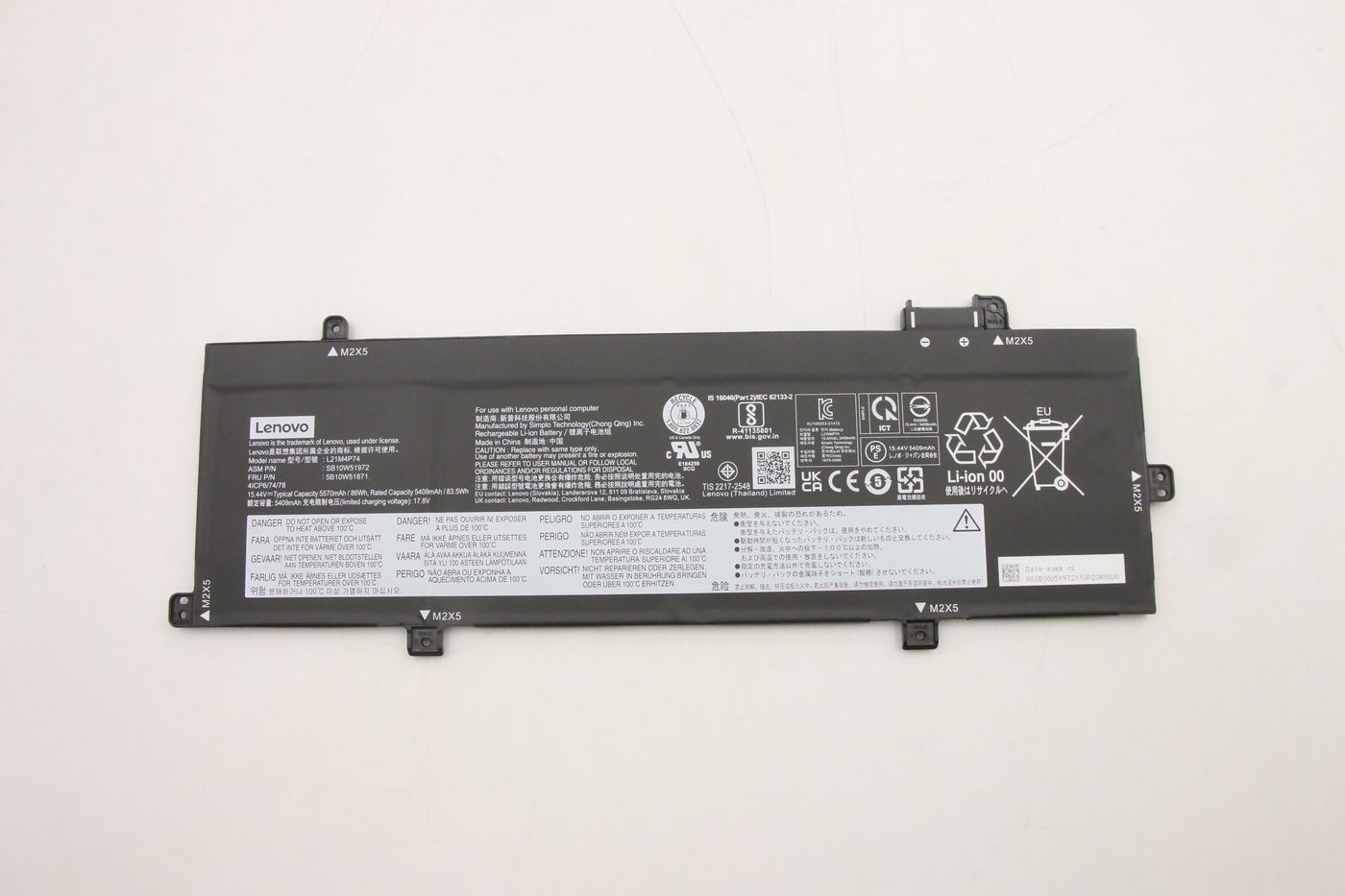 Lenovo 86Wh internal lithium-ion battery, featuring a sleek black casing with printed specifications, safety icons, and multiple connection points for compatibility.