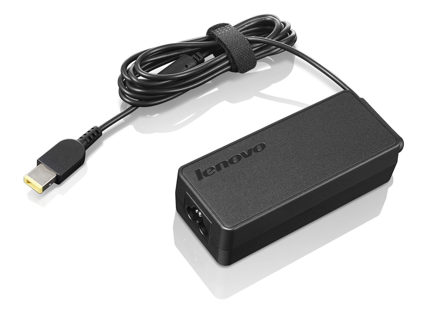 Black Lenovo AC adapter with a rectangular design, labeled with the brand name, featuring a power cable and a connector with a yellow tip.