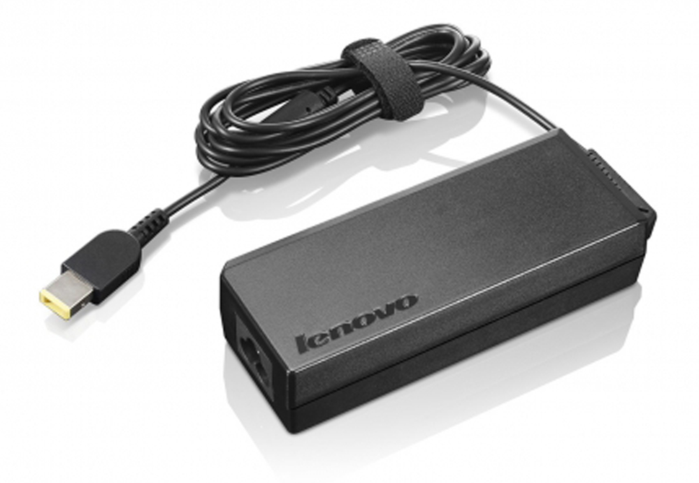 Black Lenovo 90W power adapter with a sleek design, featuring a detachable cable and a strap for organization, designed for indoor use.