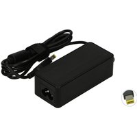 Black Lenovo AC power adapter, rectangular shape, with attached cord and yellow-tipped connector.
