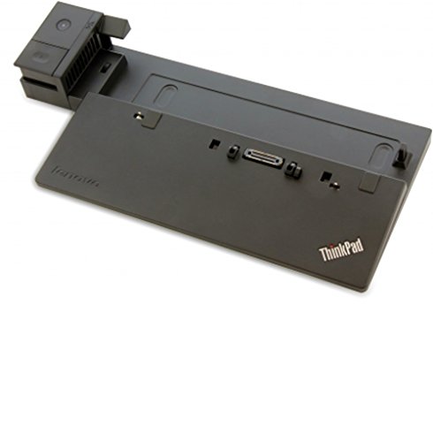 Refurbished black Lenovo Basic Dock featuring USB 2.0 ports, Ethernet, VGA output, and a sleek design with the ThinkPad logo.