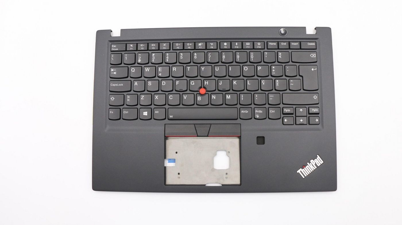 Black Lenovo C-Cover keyboard with Portuguese layout, featuring a red TrackPoint, silver touchpad area, and the ThinkPad logo in the bottom right corner.