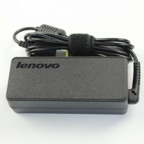 Black Lenovo power adapter with a textured surface, featuring a 20V 2.25A output, a detachable power cord, and a cable management strap.