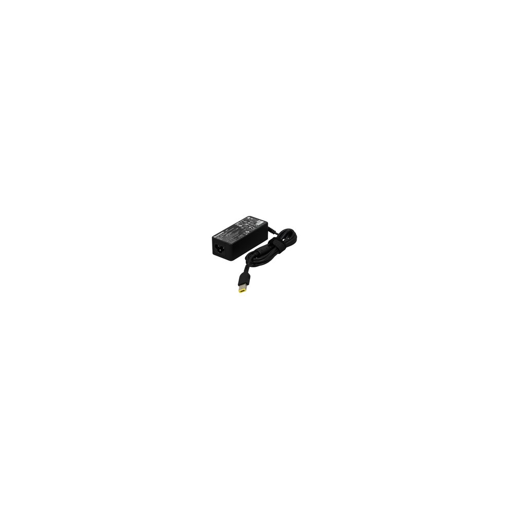 Black Lenovo 45W power adapter with a compact design, featuring a rectangular body and a detachable cable, labeled with specifications including 20V and 2.25A.