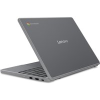 Lenovo Chromebook 100e G5 with gray finish, 11-inch screen, visible keyboard, and Chrome logo on the lid.