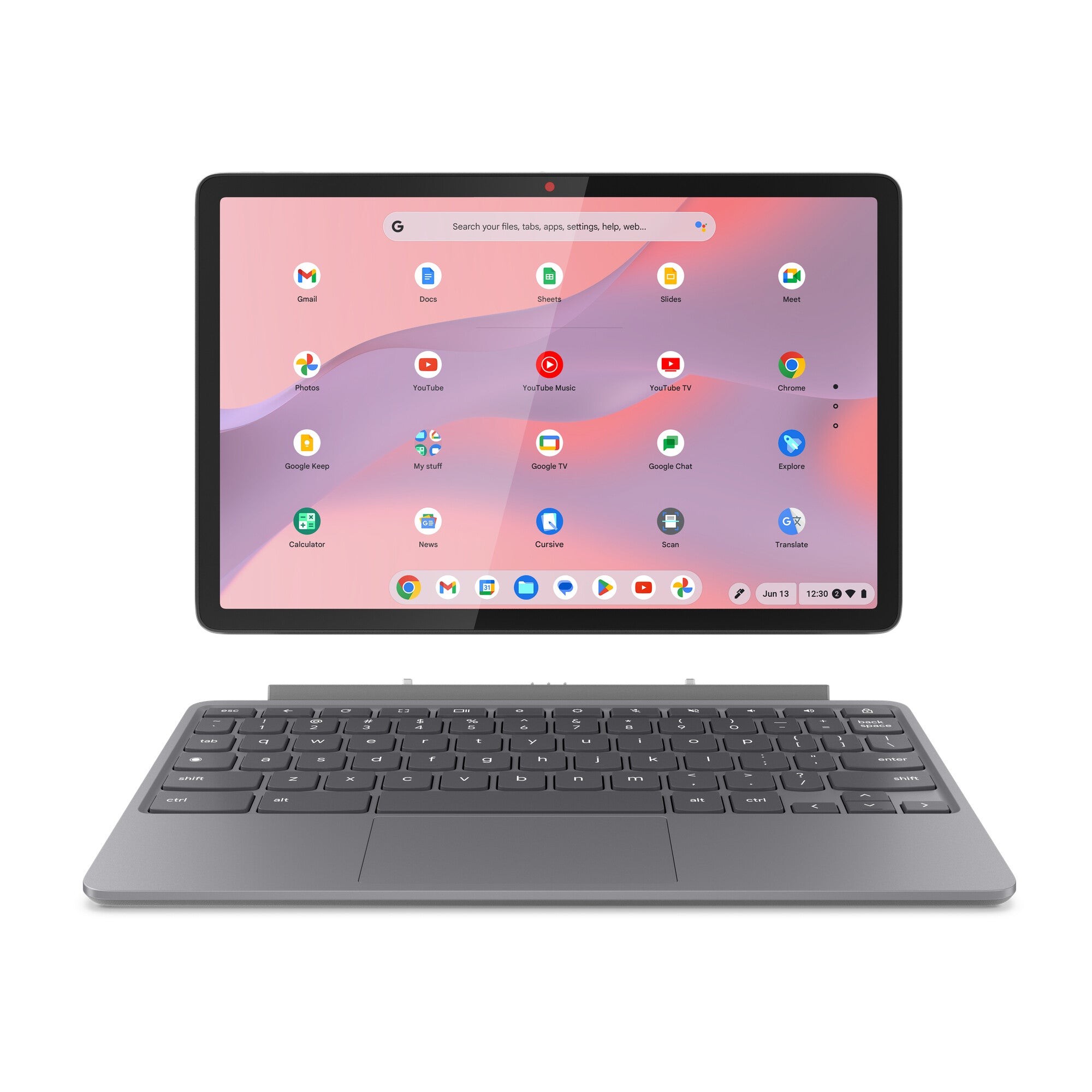 Grey Lenovo Duet 10.95" 2-in-1 Chromebook with a detachable keyboard, featuring a MediaTek Kompanio 838 processor and 128 GB eMMC storage, displaying a colorful app interface.
