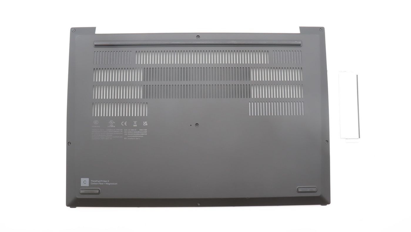 Black Lenovo chassis bottom cover with ventilation slots, various labels, and a sleek matte finish, designed for durability and compatibility with Lenovo devices.