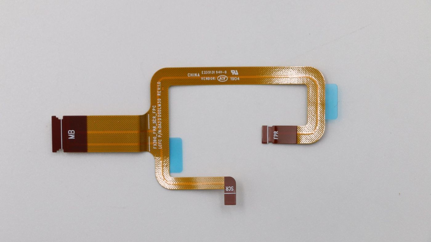 Flexible gold and brown ribbon cable with multiple connectors, featuring blue adhesive tabs and labeled sections for Lenovo devices.