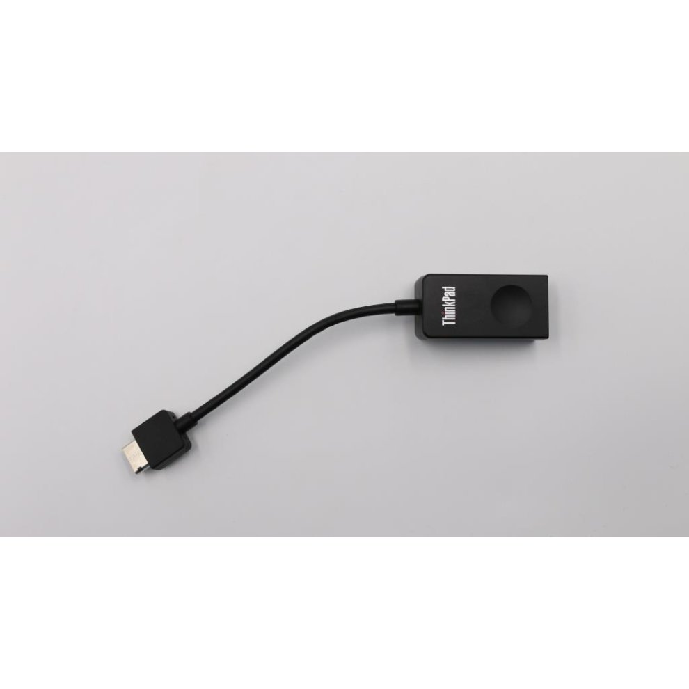 Black Lenovo dongle with a flexible cable, featuring an RJ45 Ethernet port and a USB connector, designed for network connectivity.
