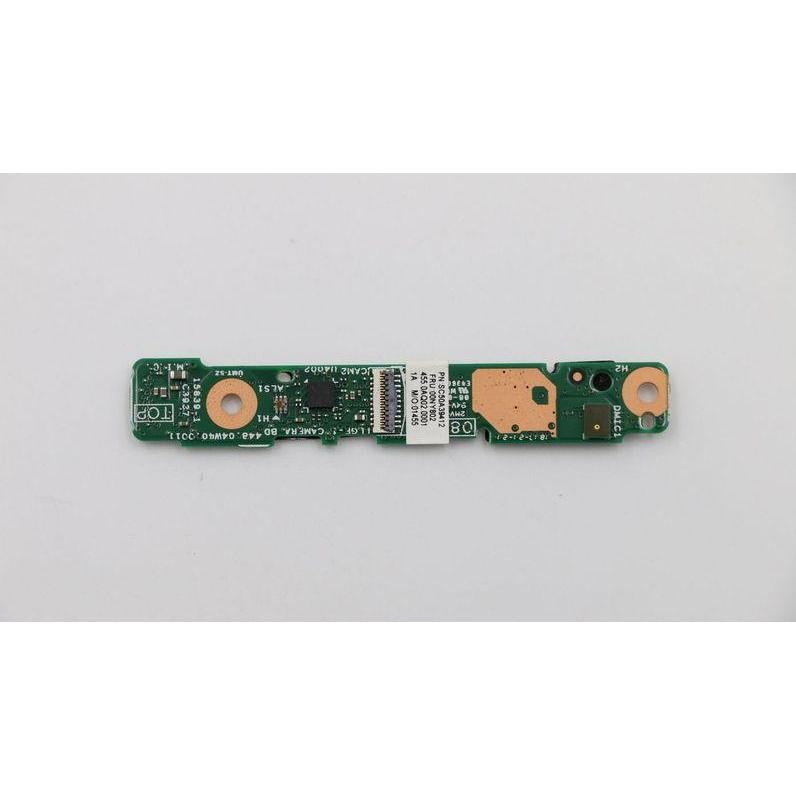 Green circuit board with various electronic components, including copper pads and a white label, designed for Lenovo devices.